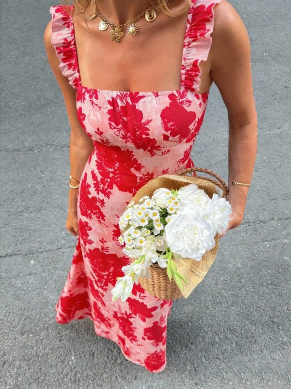 Red Boho Women's Style Ruffle Strap Backless Tie Floral Dress